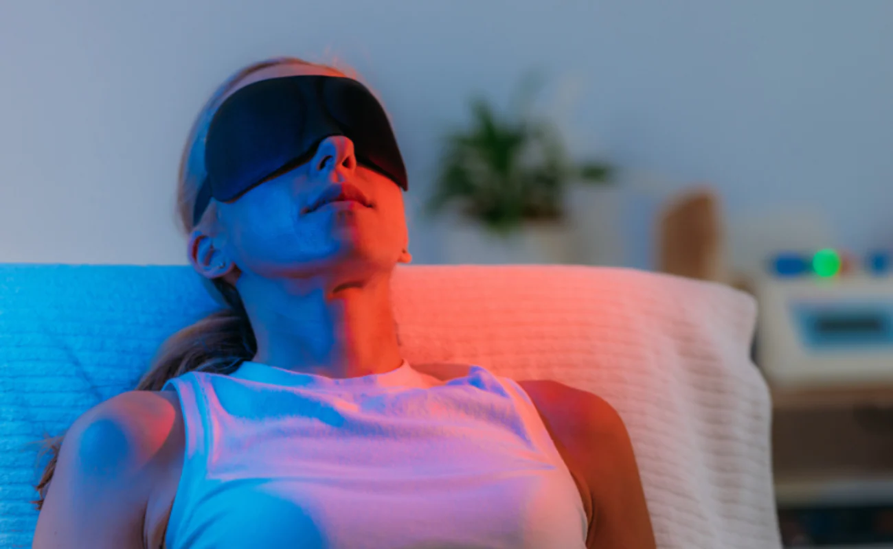 A woman wearing an eye mask is resting.